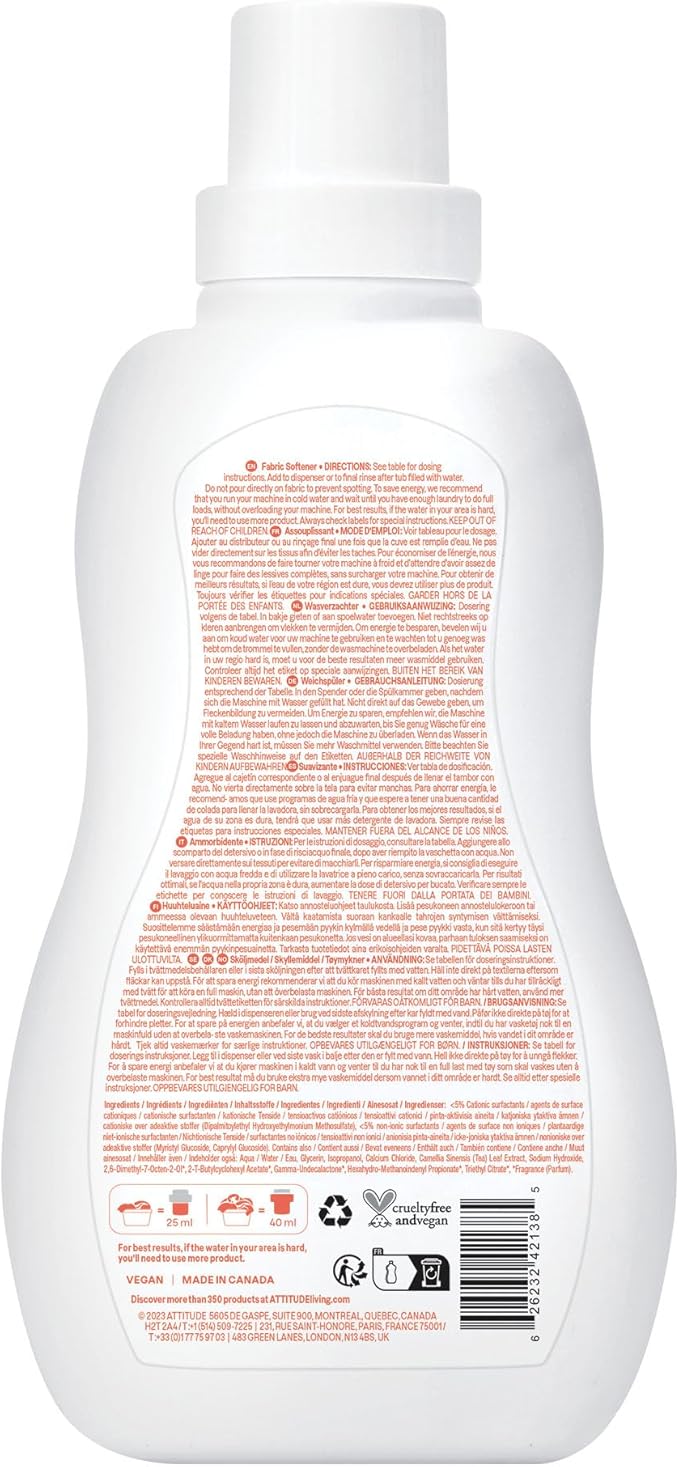 ATTITUDE Baby Fabric Softener, Plant and Mineral-Based Ingredients, HE Compatible, Vegan and Cruelty-free Laundry and Household Products, Pear Nectar, 40 Loads, 33.8 Fl Oz
