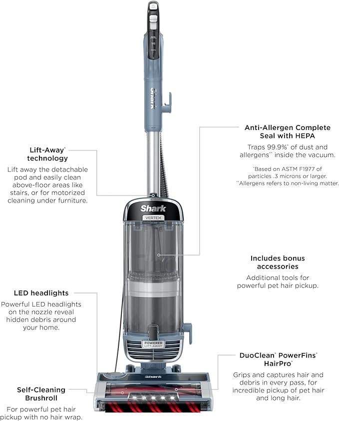 Shark Performance Powered Lift-Away Upright Vacuum, Ultra-Powerful Suction, No Hair Wrap, LED Headlights, Pet Hair Pickup, Carpets & Hardfloors, Odor Neutralizer Technology, Nordic Blue, UV2500