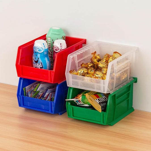 Akro-Mils 30210 AkroBins Plastic Storage Bins, Space-Saving Stackable Bins for Garage, Pantry, Craft Organization, 5" x 4" x 3", Red, 24-Pack