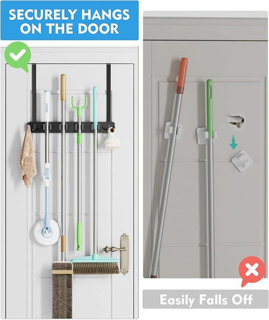 Over the Door Broom Holder, Mop and Broom Holder Door Mount, Hanging Organizer with 4 Racks & 2 Hooks, Wooden Hanger Storage Decor, Laundry Tool Organizer for Closet Garage, No Drills