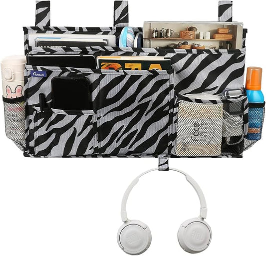 Surblue Bedside Caddy Hanging Organizer Storage Bag Pocket for Bunk, Hospital, College Dorm Rooms, Baby Bed Rails, Camp - 8 Pockets (Large, Zebra)