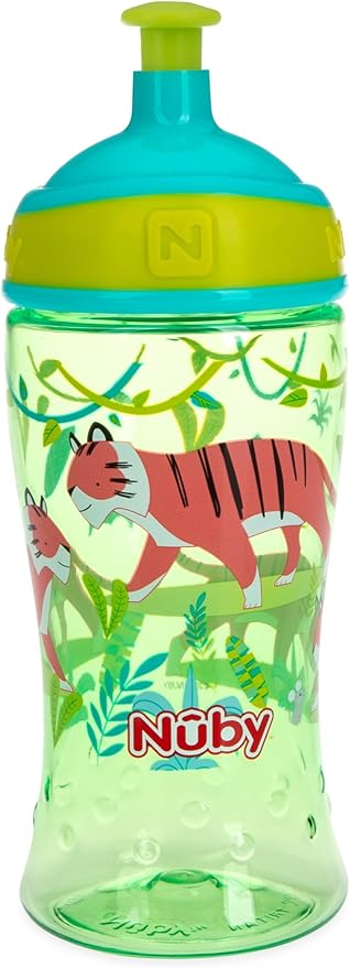 Nuby Printed Kids Pop Up Sipper Water Bottle 12oz, 2 Count - Coral, Green