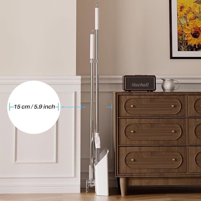 JOYMOOP White Broom and Dustpan Set, Upright Angle Design with Built-in Comb Teeth for Kitchen, Office, Pet Hair, Hard Floors