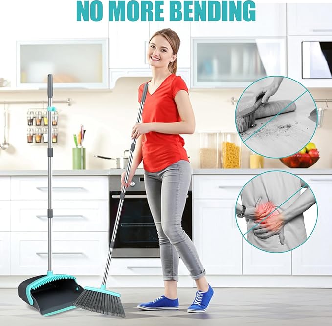 Upgrade Broom and Dustpan Set, Silicone Broom,Long Handle Broom with Upright Standing Dustpan, Squeegee - Broom for Indoor Cleaning 2+1,for Indoor Outdoor,Smooth Floors, Rugs (Green-Grey)