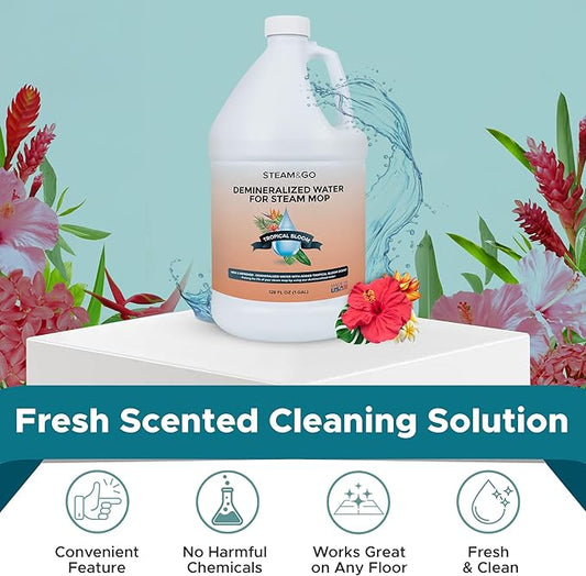 Steam & Go Demineralized Water for Steam Cleaner - PVC-Free Floor Cleaning Solution Compatible for All Steam Mops - Multi-Surface Cleaner for Home Surfaces - Tropical Bloom Scent, 128 Fl oz