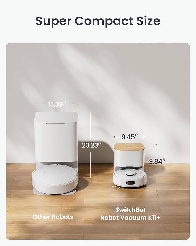 SwitchBot K11+ Robot Vacuum & Mop with Matter, 6000Pa Suction, 90-Day Hands-Free Self-Emptying, LDS Navigation, 3.6″ Ultra-Slim, Anti-Tangle for Pet Hair, Works with Alexa, Google Home, Apple Home