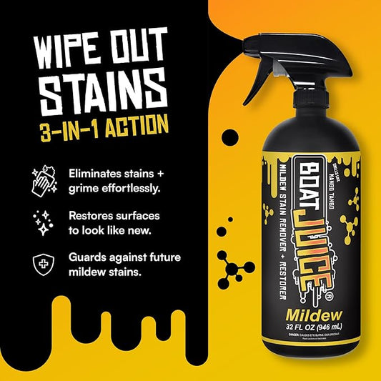 Boat Juice Mildew Stain Remover & Restorer Boat Cleaner | Marine-Grade Boat Mold & Mildew Remover for Vinyl Seats, Upholstery, Cushions & Interior | Fast-Acting, Mango Tango Scent | Made in USA (32oz)
