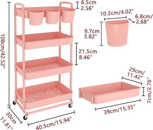 JIUYOTREE 4-Tier Plastic Rolling Storage Cart Utility Cart with Extra Hanging Cups Handles Lockable Wheels for Living Room Bathroom Kitchen Office Pink