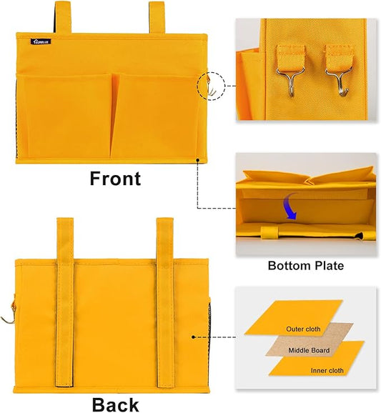 Surblue Bedside Caddy Hanging Bed Organizer Storage Bag Pocket for Bunk and Hospital Beds, College Dorm Rooms Baby Bed Rails, Camp 4 Pockets and 2 Hooks (Small, Yellow)