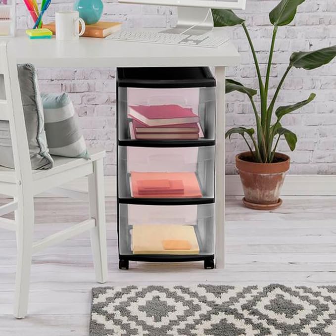 Sterilite 4-Pack 3-Drawer Rolling Plastic Storage Cart, Black Frame and Clear Drawers – Home, Office, or Dorm Portable Organizer with Removable Wheels