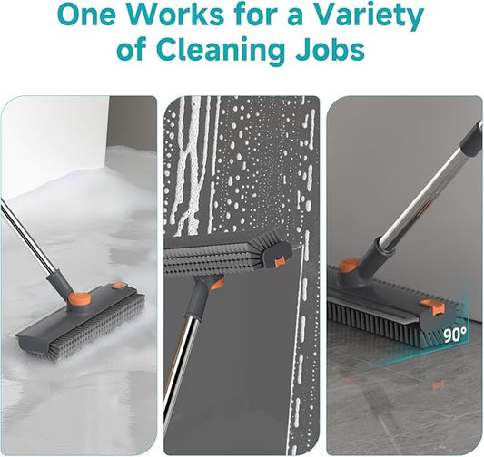 Floor Scrub Brush with Long Handle Length Adjustable, 3 in 1 Heavy-Duty Stiff 90° Bristle Floor Scrubber Broom with Squeegee, Cleaning Brush for Bathroom, Garage, Kitchen, Tile, Deck & Patio (Gray)