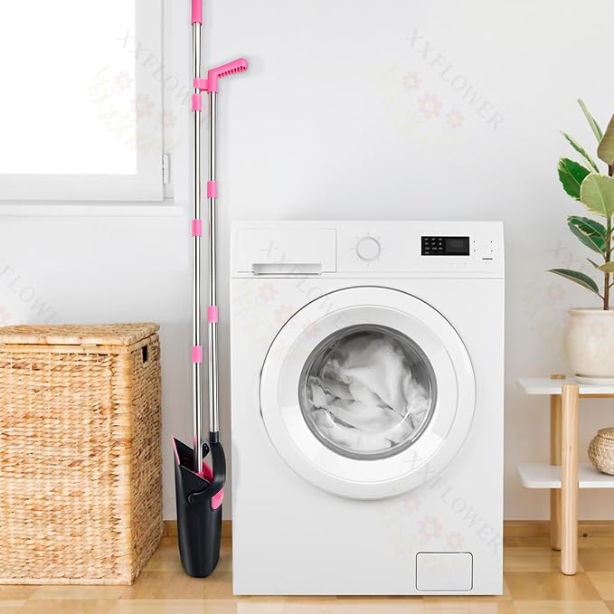 Broom and Dustpan Set, Long Handle Lightweight Dustpans with Broom Combo for Home, Indoor&Outdoor Sweeping for Home Room Kitchen Office Lobby (Black Pink)