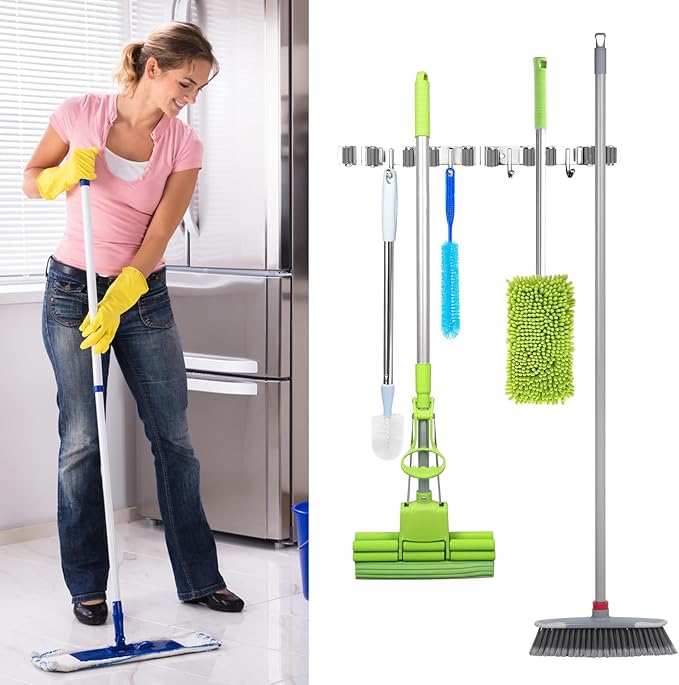 Broom Holder Wall Mount, Broom Organizer Wall Mount Stainless Steel Broom and Mop Hanger Heavy Duty Storage Organization for Home Kitchen Garden Garage Room 5 Racks 4 Hooks (2PACK)(Grey Racks)