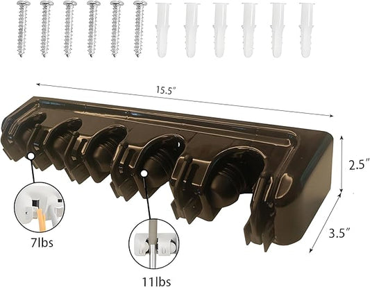 C-CHAIN Mop and Broom Holder, 5 Position with 6 Hooks Garage Storage Holds up to 11 Tools, Multipurpose Wall Mounted Tool Rack Organizer for Kitchen Garage, Shiny Black