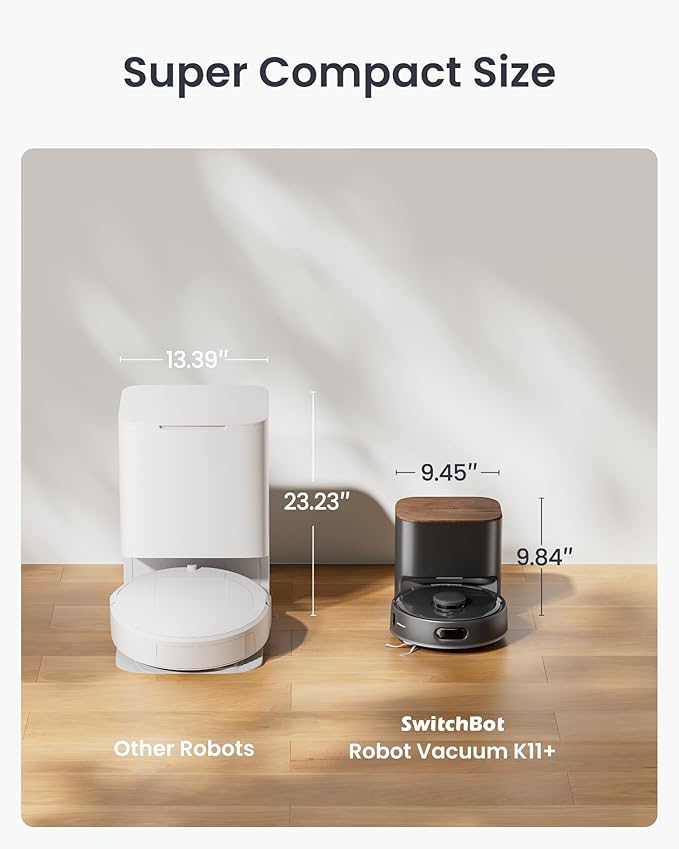 SwitchBot K11+ Robot Vacuum & Mop with Matter, 6000Pa Suction, 90-Day Hands-Free Self-Emptying, LDS Navigation, 3.6″ Ultra-Slim, Anti-Tangle for Pet Hair, Works with Alexa, Google Home, Apple Home