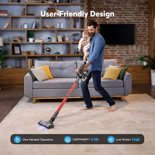 Cordless Vacuum Cleaner for Home, 80,000PRM Powerful 4 in 1 Lightweight Stick Vacuum with 2 Adjustable Suctions, Max 40 Mins Runtime, 2600mAh Rechargeable Vacuum Cleaners (Burgundy)