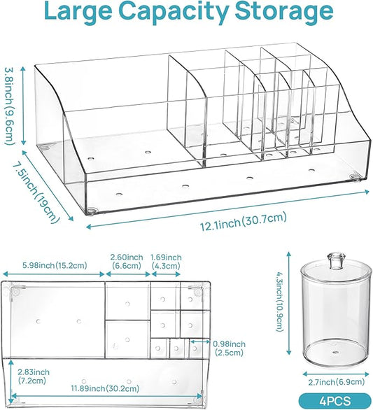 Vtopmart 5 PCS Bathroom Countertop Organizer, 1 Divided Tray with 4 Qtip Holder Jars, Restroom Clear Organizers for Toothbrush, Cotton Pads Balls, Floss, Bathroom Vanity Accessories Storage Set