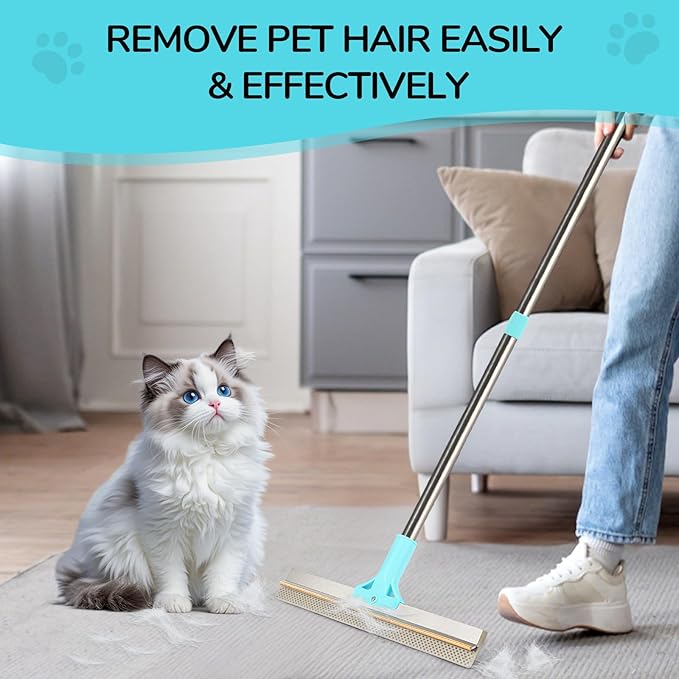Carpet Rake for Pet Hair Removal, Adjustable Long Handle Carpet Rake for Pet Hair Removal, Double-Sided Reusable Dog Cat Fur Remover with Hair Removal Glove, Pet Fur Rake for Rugs, Mats