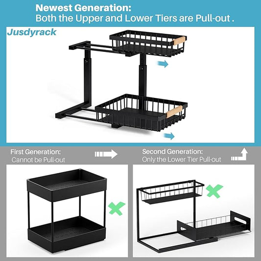 1 Packs 2 Tier Pull Out Cabinet Organizer Storage Shelf, Sliding Under Sink Organizers, Metal Drawer for Kitchen, Bathroom, Pantry Closet Organization Rack,Black