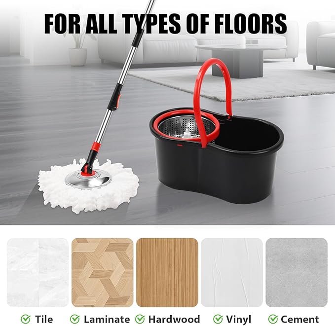 Spin Mop and Bucket with Wringer Set,360° Mop and Bucket System with 3 Microfiber Mop Refills and 50" Extended Handle for Floor Cleaning (Black)