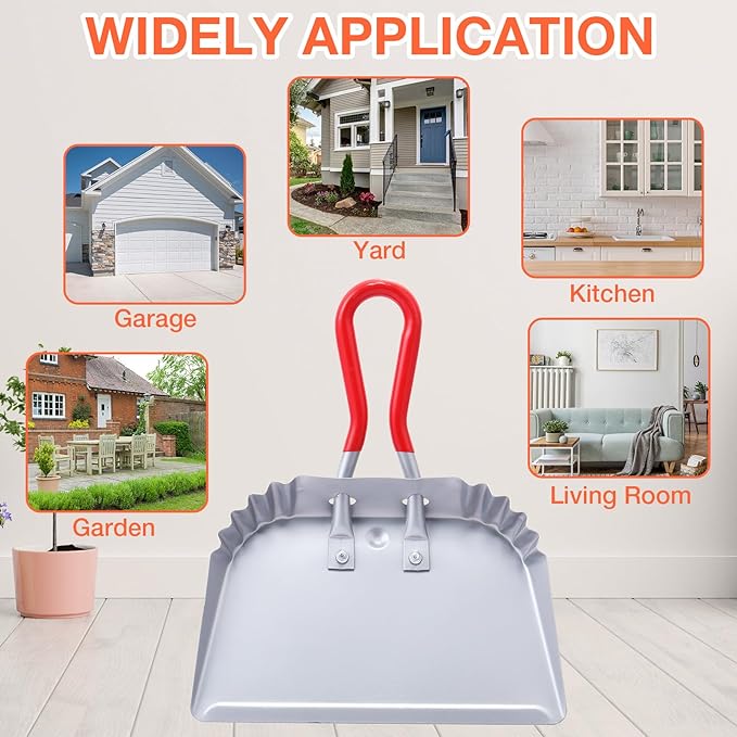 Uiifan 4 Pcs Industrial Metal Dustpans 12" Heavy Duty Dust Pan with Handle Commercial Dustpan Wide Scooper Dust and Debris Sweeping Tool Precision Edge Rubber Grip Loop Handle(Silver)