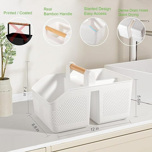 rejomiik Shower Caddy Portable with Bamboo Handle, Plastic Basket Cleaning Caddy Organizer Storage Tote for Bathroom, College, Dorm Room Essentials, White