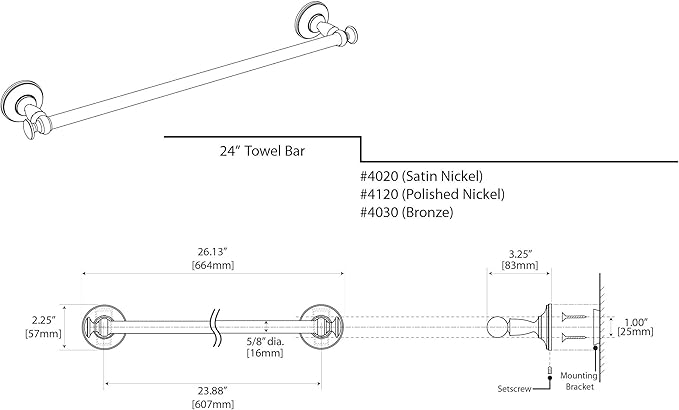 Gatco 4020 Tavern 24" Towel Bar, Satin Nickel