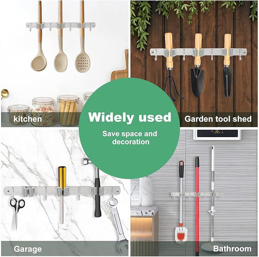 1Pcs 3 Racks 4 Hooks Stainless Steel Broom Mop Holder Anti Slip Wall Mount Broom Storage Rack Strong Load Bearing Waterproof Mop Organizer for Bathroom Kitchen Garage