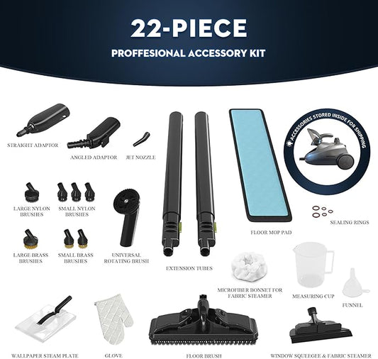 Steam Cleaner, Power Steamer for Chemical-Free Home Cleaning, 22-Piece Accessory, Multipurpose Floor Cleaner for Grout, Kitchen, Bathroom, Car, Upholstery, 16ft Cord, High Temperature
