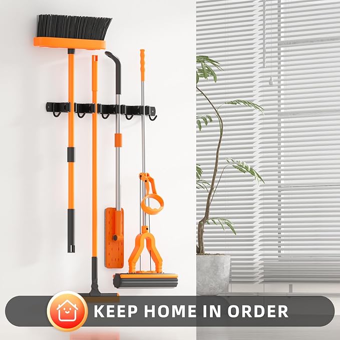 Broom Holder Wall Mount, Improved Non-slip Mop and Broom Holder Wall Mount, Heavy Duty Broom Hanger Organizer for Closet Laundry Garden Garage Storage (4 Racks 5 Hooks)