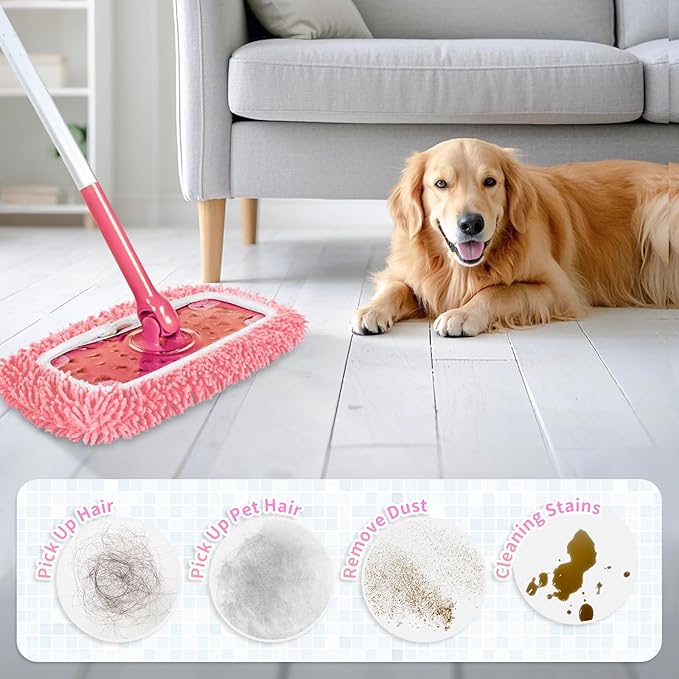 4 Pack Reusable Mop Pads Compatible with Swiffer Sweeper, Microfiber Chenille Washable Swiffer Mop Pads, Dry & Wet Sweeping Mopping Cloths (Pink)