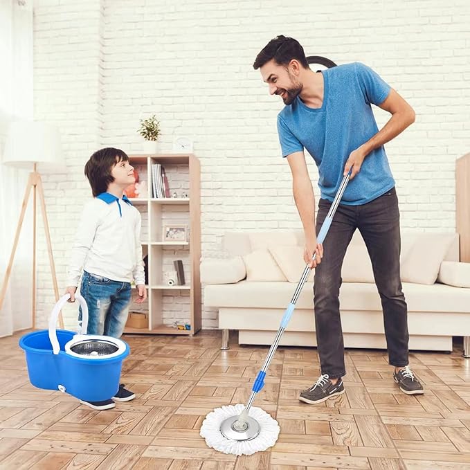 Spin Mop and Bucket with Wringer Set, 360° Spin Mop & Bucket Floor Cleaning System Mop Bucket with 61" Adjustable Extended Handle 3 Replacement Microfiber Refills, Set of 2