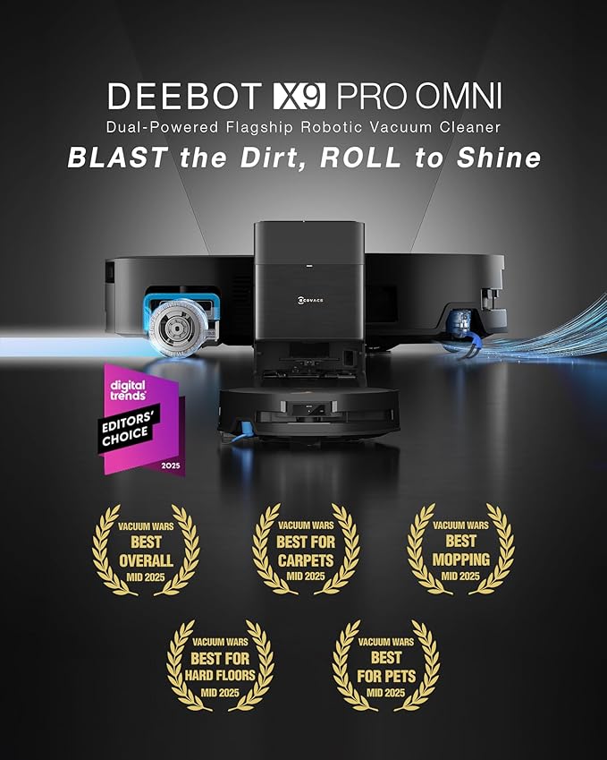 ECOVACS DEEBOT X9 PRO Omni Robot Vacuum and Mop, 16,600Pa Blast Suction, OZMO Roller Instant Self-Washing Mop, ZeroTangle 3.0, Triple Lift System, AI Navigation, Hands-Free Omni Station