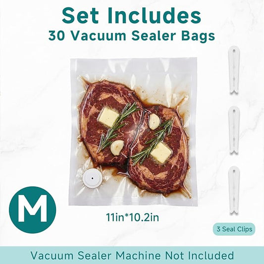 Reusable Vacuum Sealer Bags for Food – 30 BPA-Free Medium (11in × 10.2in) Food Storage Bags, Freezer Microwave Safe– Odor Resistant, Leak-Proof – Compatible with Handheld Vacuum Sealers | BPA Free Material