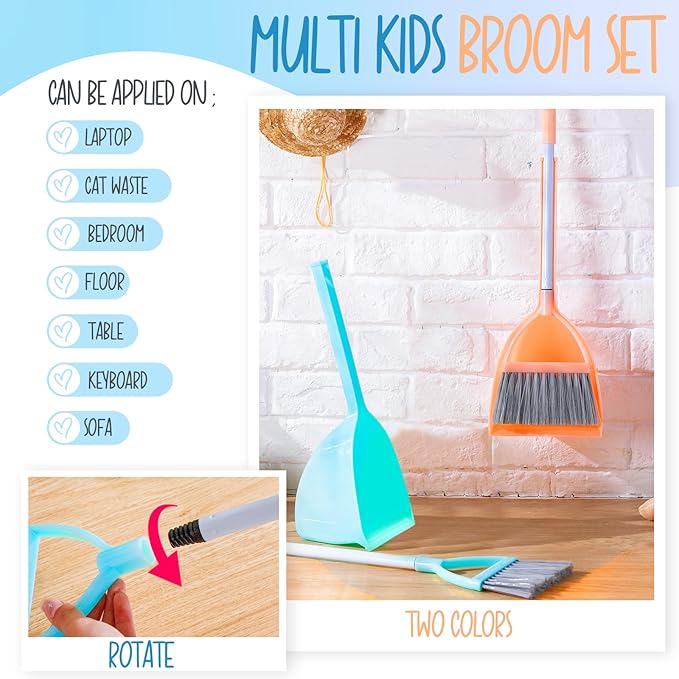 Roshtia 2 Pcs Mini Broom with Dustpan for Kids Broom and Dustpan Set Toddler Cleaning Set Boys Girls Small Cleaning for Kitchen Bathroom Pet (Blue,Red)