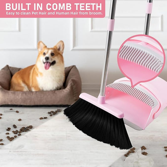Pink Broom and Dustpan Set, 52-in Handle Broom Dustpan Combo Set Household Hand Broom with Dustpan Teeth to Clean Hair for Home Kitchen Office Lobby Sweeping Indoor(Pink)