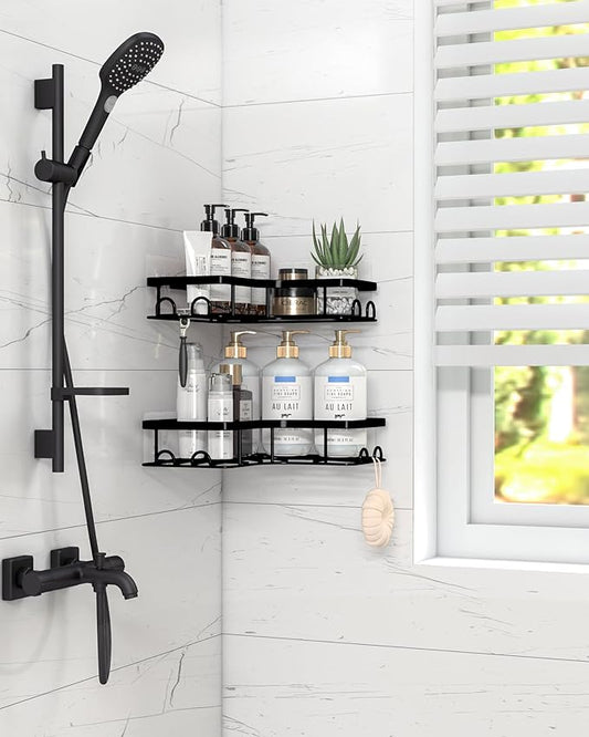 Corner Shower Caddy - 2 Pack, Adhesive Shower Organizers, Rustproof Stainless Steel Shower Shelves with 8 Hooks, No Drilling Bathroom Organizers and Storage Racks, Space-Saving, Black, Medium