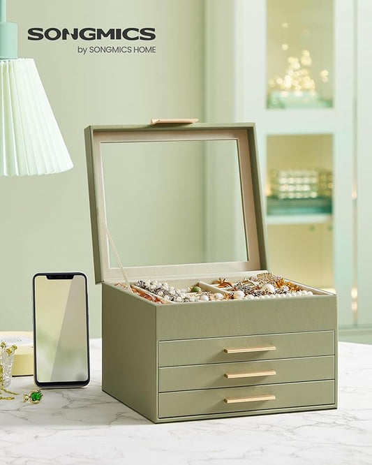SONGMICS GISELLA Collection - Jewelry Box Organizer, 4-Layer Jewelry Storage with 3 Drawers, Shiny Metal Hardware, Glass Lid, Modern, 8 x 9.1 x 6.5 Inches, Avocado Green and Gold Color UJBC173C02