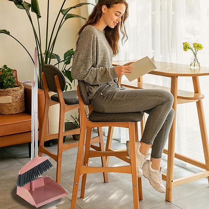 Broom and Dustpan Set for Home Indoor 180 Rotatable Broom with Dustpan Combo Set for Office Home Kitchen Lobby Floor Cleaning Broom Dustpan for Indoor & Outdoor Sweeping (Pink)