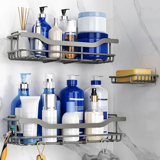 OMAIRA 3-Pack Shower Caddy with Soap Holder, Adhesive Rustproof No-drill Strudy Loading Inside Shower Organizer Shelves Rack Storage Bathroom Organization for Smooth Wall Glass Tile, Grey (X-Large)