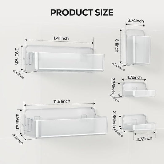 Nieifi Adhesive Wall Shelf, Shower Shelves 5 Pack with Soap Holder, Shower Organizer for Bathroom Organization, Clear