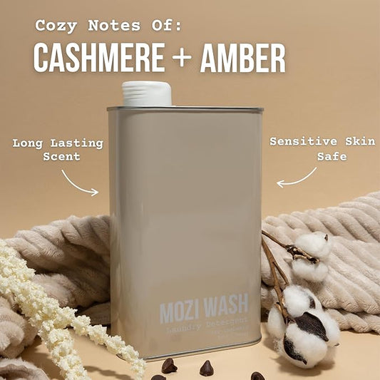 Mozi Wash Laundry Detergent Liquid, Cozy Cashmere- Amber & Floral, 50+ Loads, Concentrated, Non toxic, Plant Based Enzyme Cleaners, Long Lasting Luxury Clean, 32 oz Recyclable Bottle