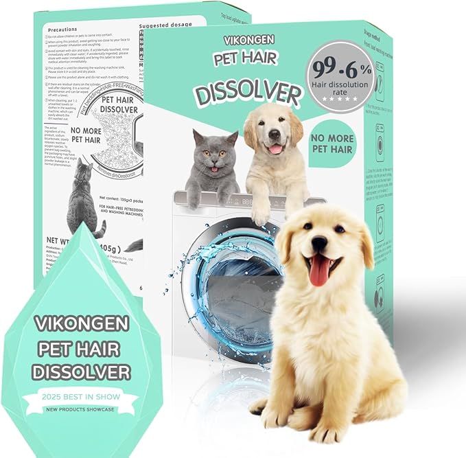 Pet Hair Remover for Laundry, Pet Hair Dissolver for Washing Machine, Deep Cleaning Washing Machine Cleaner, 14.3 Oz, 405g, HE/Top/Front-Load Compatible, 3 Sachets