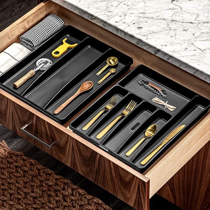 madesmart Classic 3-Compartment Plastic Utensil Tray for Drawers, Multipurpose Storage Tray Drawer Organizer, Carbon Large