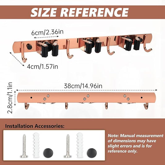3 Racks and 4 Heavy Duty Hooks Mop and Broom Holder Wall Mount, Stainless Steel Broom Organizer Storage Utility Tool Racks for Home, Kitchen, Garage, Laundry Room. Rose Gold