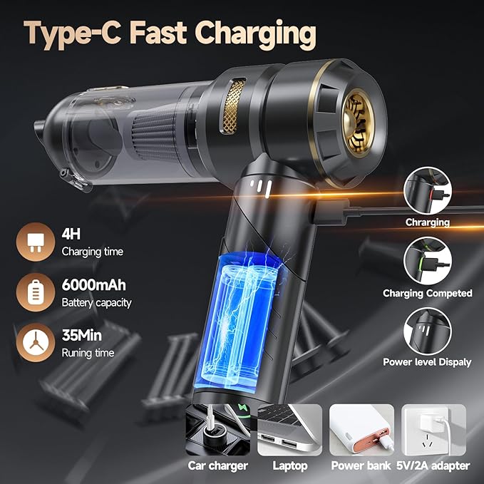 Car Vacuum Portable Cordless, Foldable Handheld Vacuum with Brushless Motor, 22000PA High Power Mini Hand Vacuum Cleaner & Air Blower & Duster & Pump for Home, Pet, Office