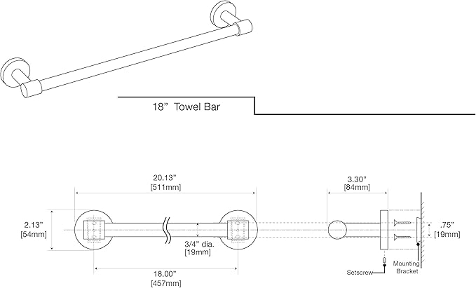 Gatco 4661 Reveal 18" Towel Bar, Chrome | Wall Mount Towel Holder for Bathroom, Total Length 20.13"