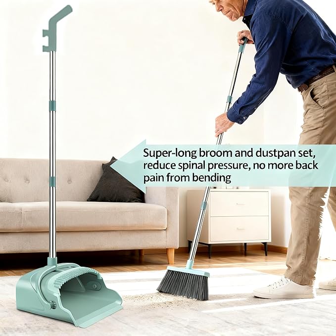 Upgrade Broom and Dustpan Combo Set - 3 Row Bristles & Extended Handles for No Bending, Self-Cleaning Dustpan Teeth, Stand-Up Storage, Indoor & Outdoor Sweeping (Bean Green)