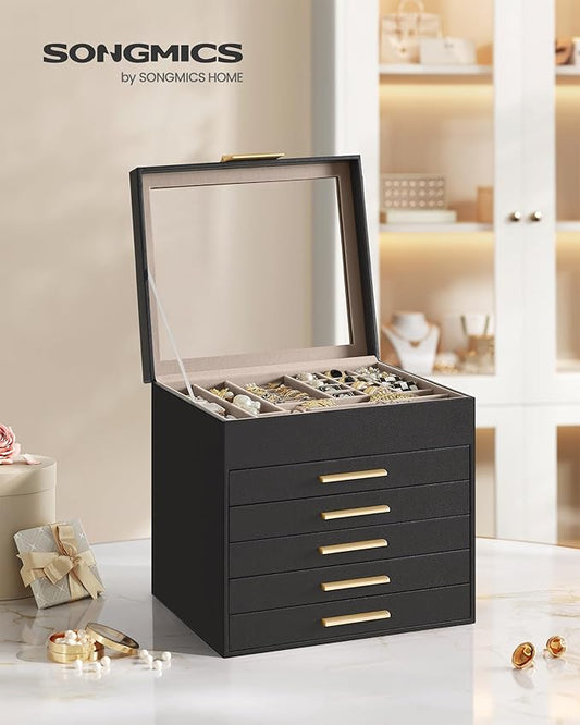 SONGMICS GISELLA Collection - Jewelry Box Organizer, 6-Layer Jewelry Storage with 5 Drawers, Shiny Metal Hardware, Glass Lid, Modern, 8 x 9.1 x 9 Inches, Ink Black and Gold Color UJBC176B01