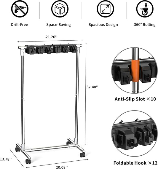 No-Drill Broom Holder Laundry Room Organization, Movable Cleaning Supplies Organizer, Cleaning Cart with 10 Racks and 12 Hooks, Broom and Mop Holder for Kitchen Laundry Garden Garage
